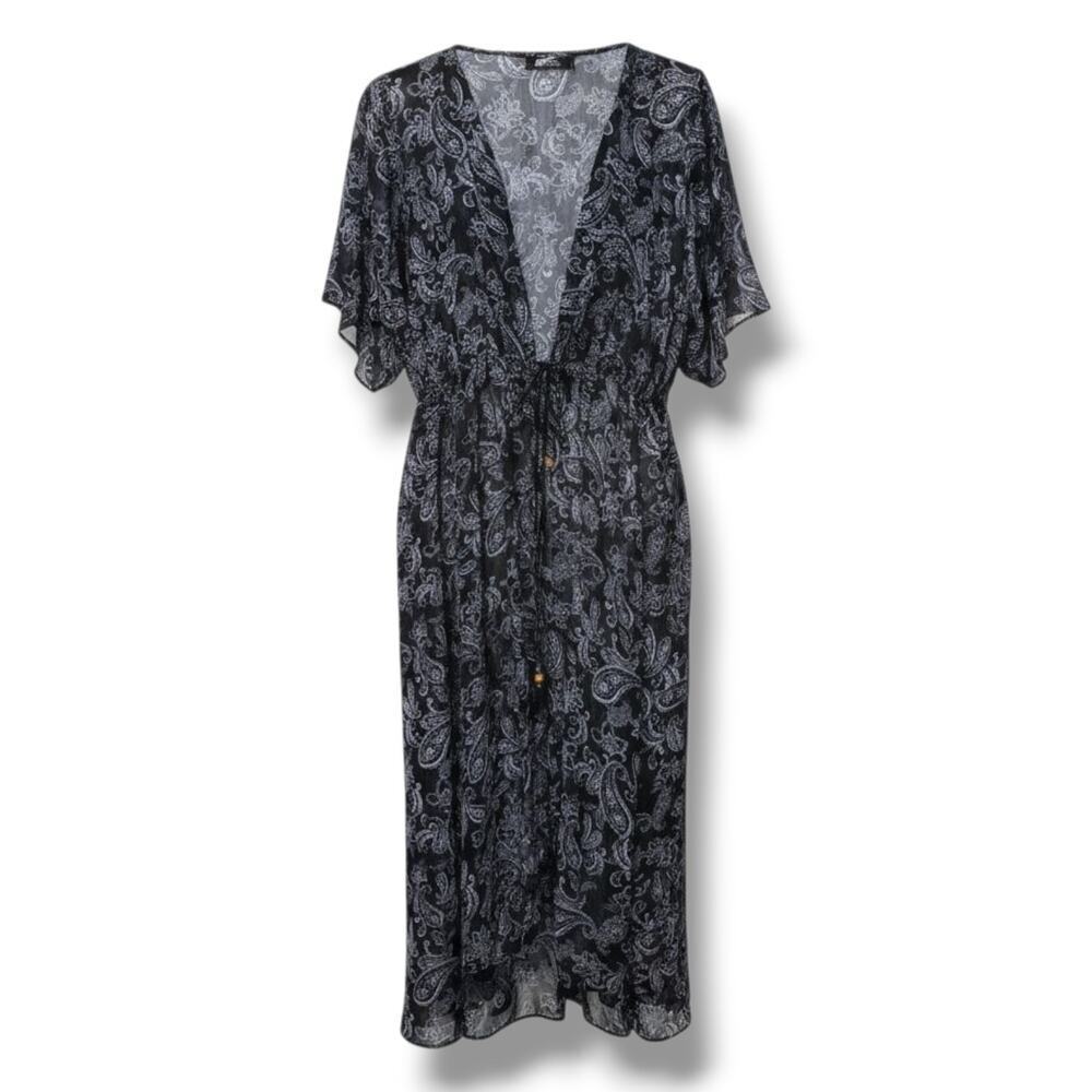 CURE Women’s Black Purple Paisley Sheer Tie Front Kimono Cardigan – Size XL